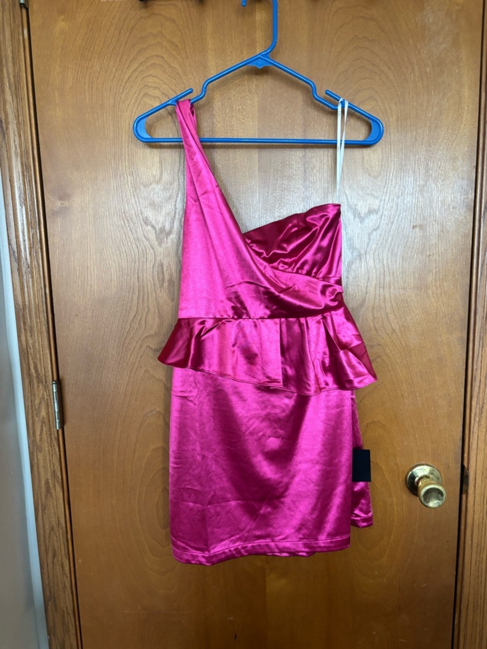 Lulu's Fuchsia One-Shoulder Satin Peplum Mini Dress